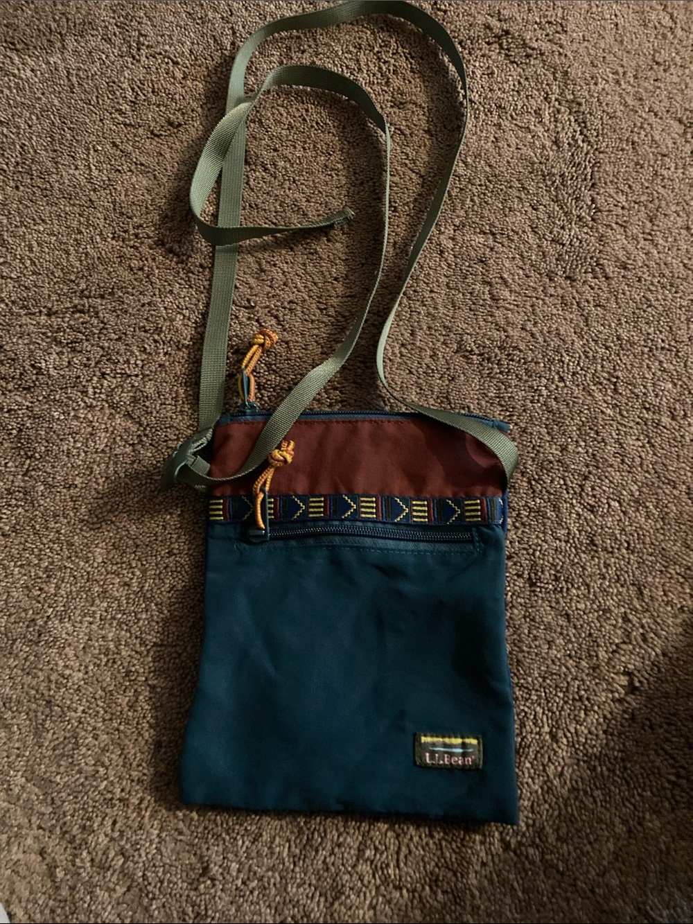 L.L. Bean Teal and Brown Men’s Crossbody bag with Patterned Trim unisex
